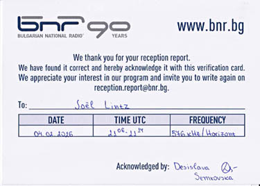 Paper QSL Horizont Radio Bulgaria DX MW