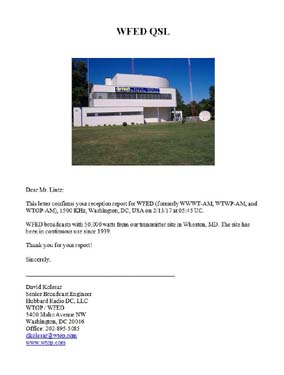 QSL letter WFED washington DC MW
