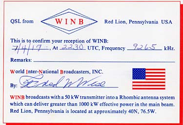 QSL card WINB USA Pennnsylvania Red Lion